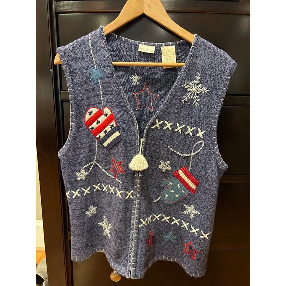 Ladies Bobbie Brooks Sweater Vest Holiday Zipper Front Mittens Star Size XL - Picture 1 of 8